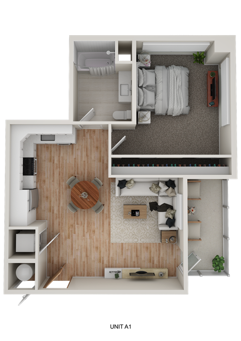 A top-down view of a small apartment with a living room, kitchen, and bedroom.